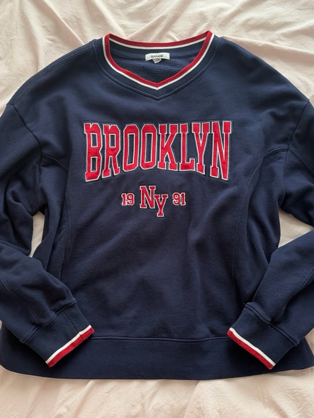 Garage Navy V-Neck 'BROOKLYN' Pullover Sweater with Red Trim